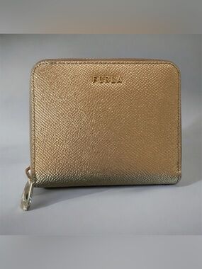Furla Metallic Gold Saffiano Leather Zip Around Bifold Compact Wallet⁠